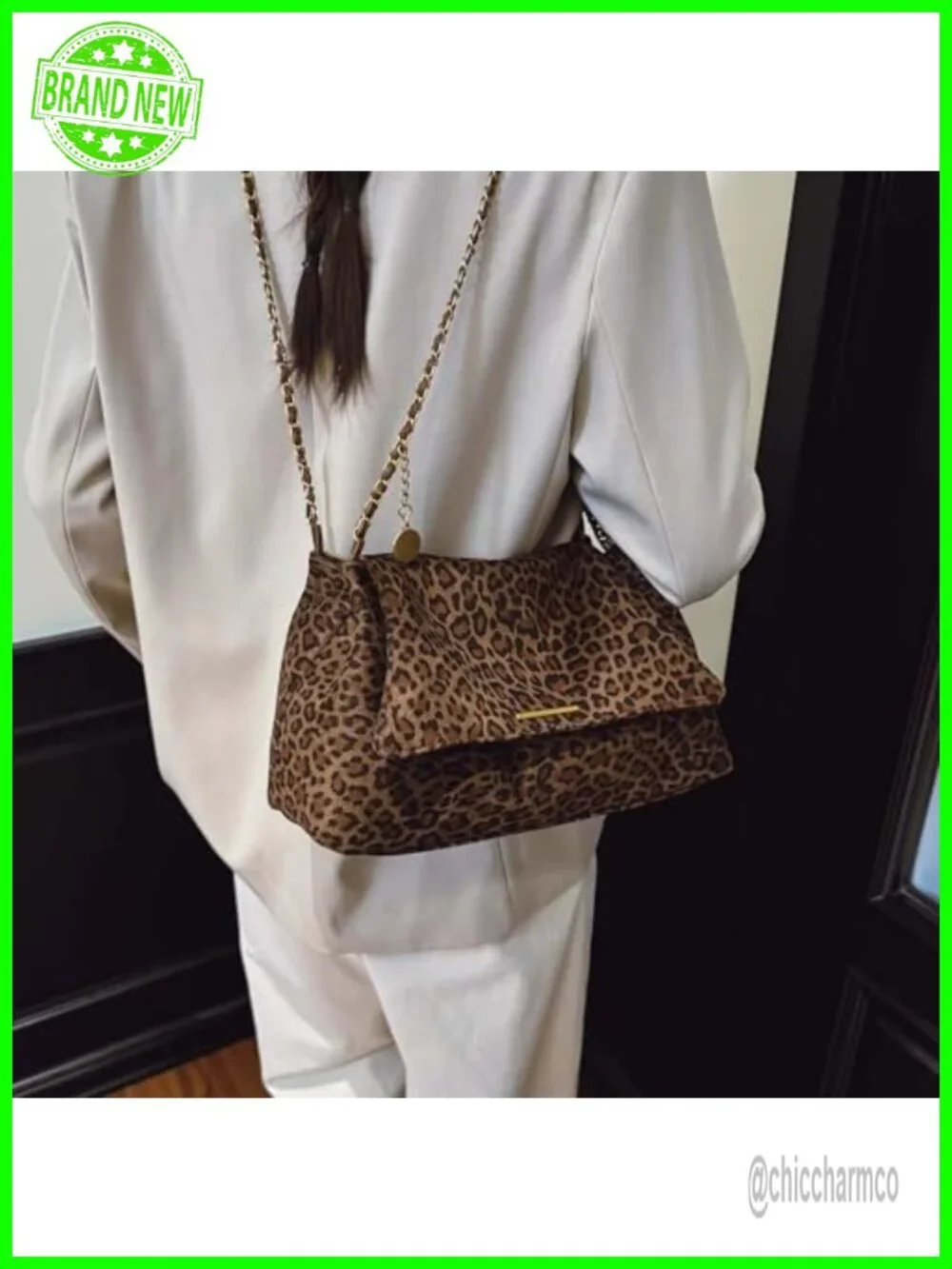 Leopard Print Suede Hobo Shoulder Crossbody Bag with Chain Strap